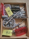2 Boxes of ratchets, sockets, extensions. Mostly Craftsman, 1 snap on ratchet