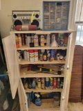 Painted garage cupboard, radio, organizer, garage sprays