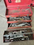 Metal tool box with Bonney and assorted sockets, drivers and wrenches