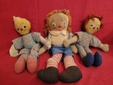 3 Raggedy Ann and Andy cloth dolls