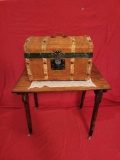 Small doll clothes trunk and folding wood table with claw feet