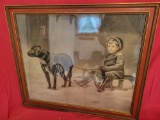 Print of Boy being pulled on sled by dog, 27 inches wide