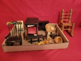 Box of wood minature doll furniture, bed, chairs and more