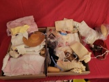 2 Boxes of vintage doll/child clothing, hats and more