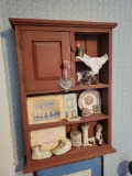 Pine wall cabinet with minatures, shoes, dolls and plate