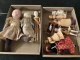 2 boxes of assorted rough dolls, porcelain, and cloth dolls