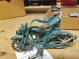 Early cast iron Harley toy bike with rider