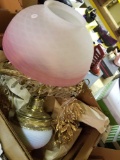 Early parlor oil lamp, pink frosted shade