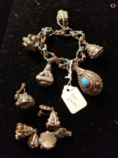 Charm bracelet and matching earrings, 300 silver