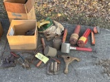 assorted antiques - dusters - seed spreader - etc