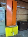 2 storage cabinets & contents - cast iron skillets, collectable cups/bottles, microwave, thermoses,