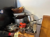 Assortment of metal cookware, pots, pans, & baking supplies