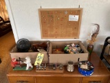 Assortment of toys, small wooden decor, lead soldiers, coin bank, & more