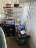 Filing cabinet & plastic organizers w/ contents - office supplies, writing materials, & various