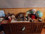 Contents atop chest of drawers - Kennedy busts, mantle clocks, small decor, & office items