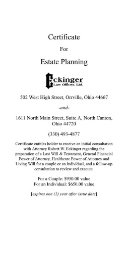 Eckinger Law Office Certificate for Estate Planning