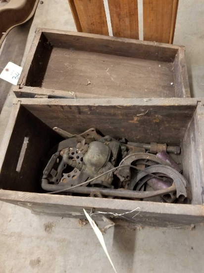 Early wood box with Harley Davidson parts, old grape crate