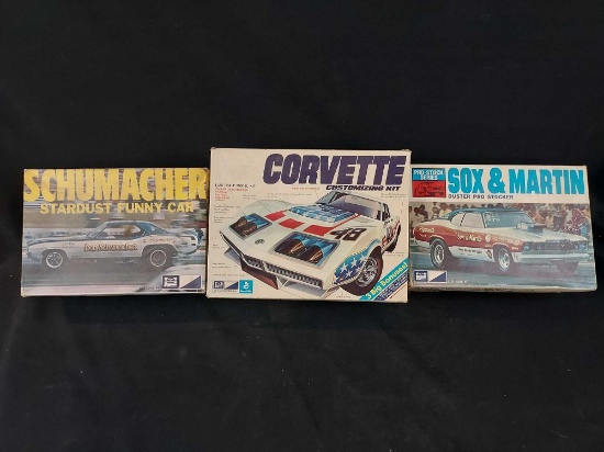 MPC Schumacher Stardust Funny Car, Corvette Custom, & Sox & Martin Pro Stock Duster Model Car Kits