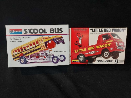 2 Model Car Kits - Monogram S'cool Bus & Lindberg Little Red Wagon