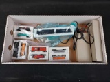 Box of N Scale Train Cars, Boxed Rail Pieces, & Transformer