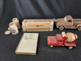 Assortment of Metal Tonka Vehicles, Small Decorative Milk Jugs, Glider Kit, & other Small Items