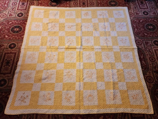 Vintage hand sewn & floral embroidered quilt