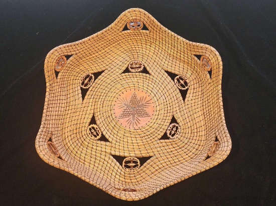 Large older woven grass and walnut shell basket / dish