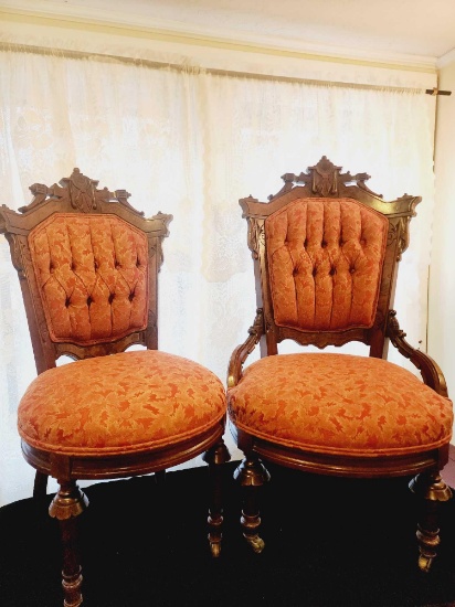Antique Victorian husband and wife matching parlor chairs