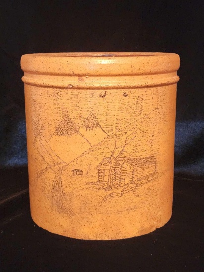 Folk art carved antique crock, unusual log cabin scene