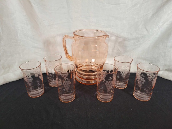 Pink Depression glass lemonade set, includes pitcher and 6 glasses