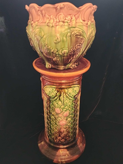 Antique French majolica inspired jardiniere & pedestal