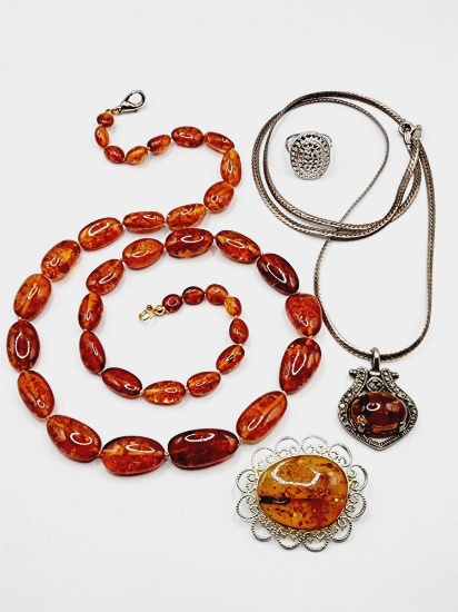 Jewelry lot: Amber / sterling, beads, pin, ring, necklace