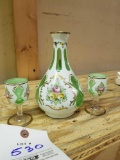 Bohemian cut decanter and 2 glasses
