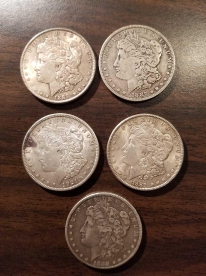Morgan silver dollars, 1887, (2)89, 85, 21. bid x 5