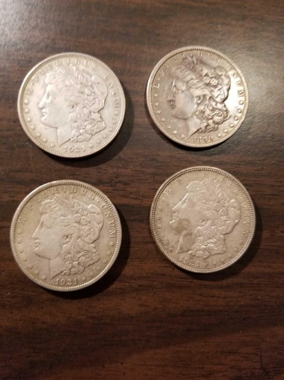 Morgan silver dollars, 1890, (3) 1921. bid x 4
