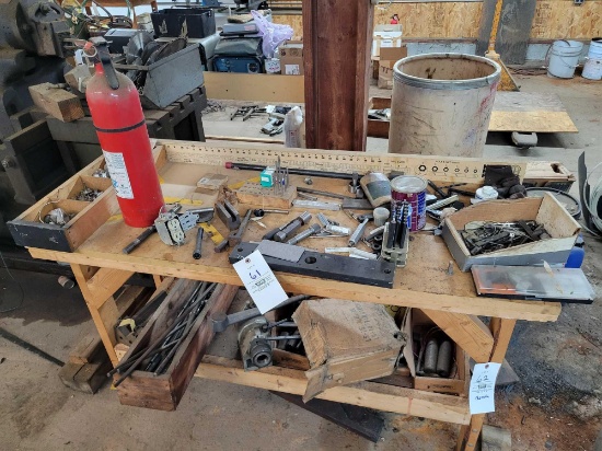 bench contents, machinist tools, drill bits, parts, punch set, fire extinguisher