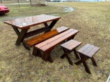 Wooden Outdoor Picnic Table w/ 2 Small Stands