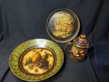 Hand Painted Toleware percolator, bowl and tray, Peter Ompir, Dunn signatures