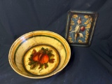 Hand Painted Toleware bowl and tray, Peter Ompir, Dunn signatures