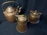 Copper kettles and tea pot, some damage