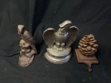 Cast iron parrot door stop, pine cone and Federal eagle book end
