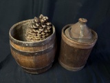 Small wood barrel and wood wrapped metal jug