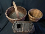 Early woven basket with wood handle, fishing basket