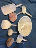 Primitive wood turned bowl and wood scoops