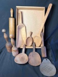 Box lot of assorted wood utensils, spoons, rolling pin