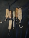 Group of assorted antique hanging scales, Fishermans friend, Chatillions
