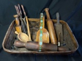 Early wood basket, utensils, curlers, rolling pin