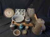 Early kitchen utensils, graters, can, kettle, pan