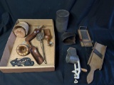 Box of kitchen items, wood scoops, nutmeg grinder, coffee can and more
