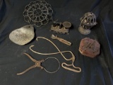 Box lot of primitives, mouse trap, utensils, string holder, minature scale